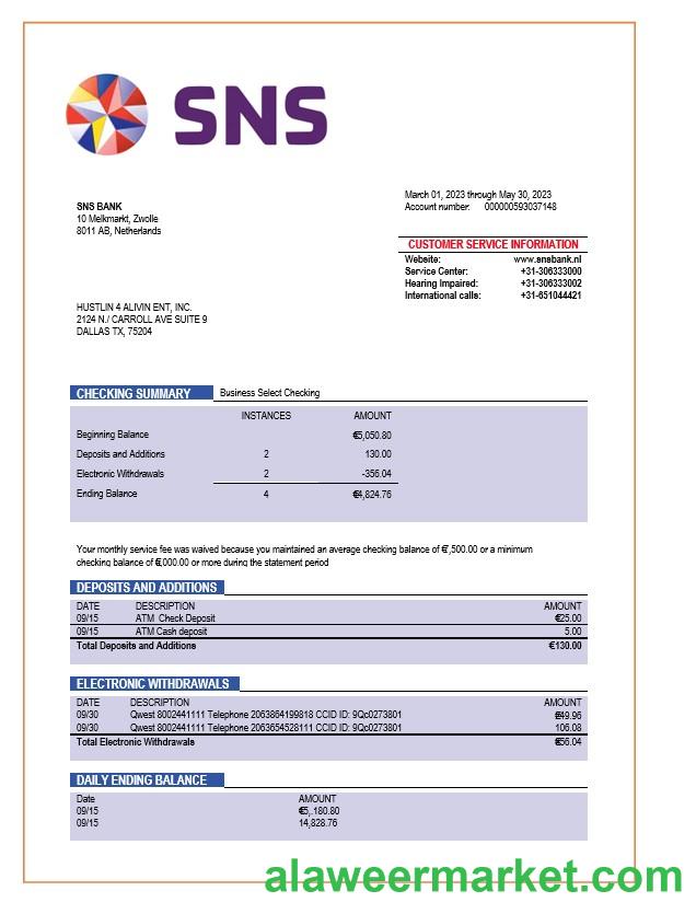 SNS Bank enterprise account statement Word and PDF template